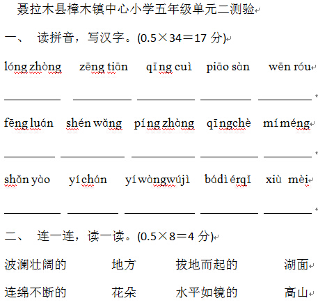 小学五年级上学期汉语文第二单元测验