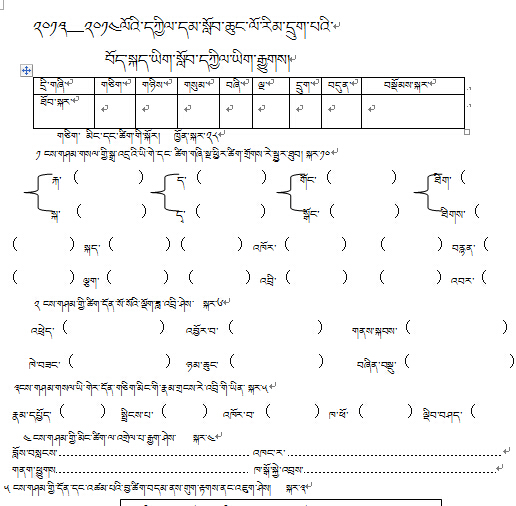 察雅县吉塘镇中心小学六年级下学期藏语文期中考试试卷