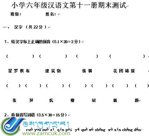 小学六年级上学期汉语文第十一册期末考试试卷